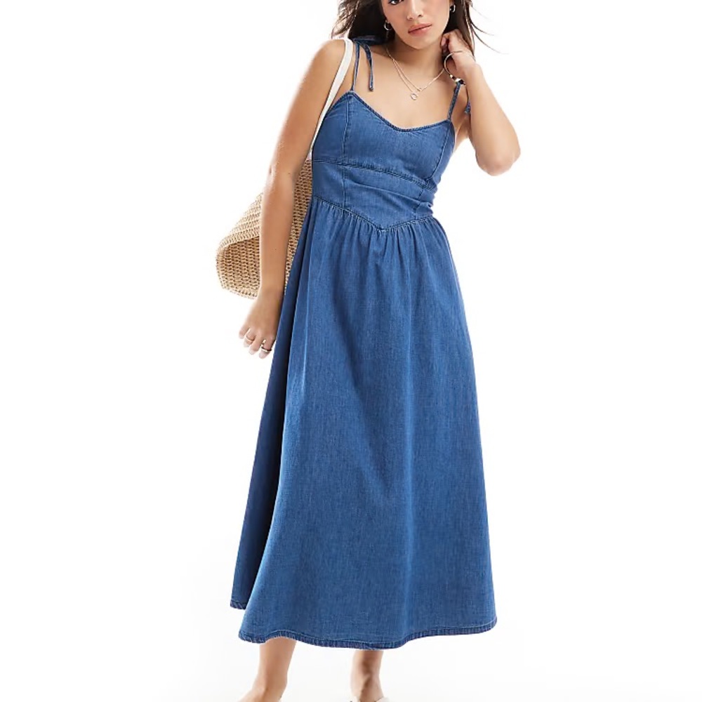 ASOS DESIGN soft denim ballerina midi dress in midwash blue - US 10
